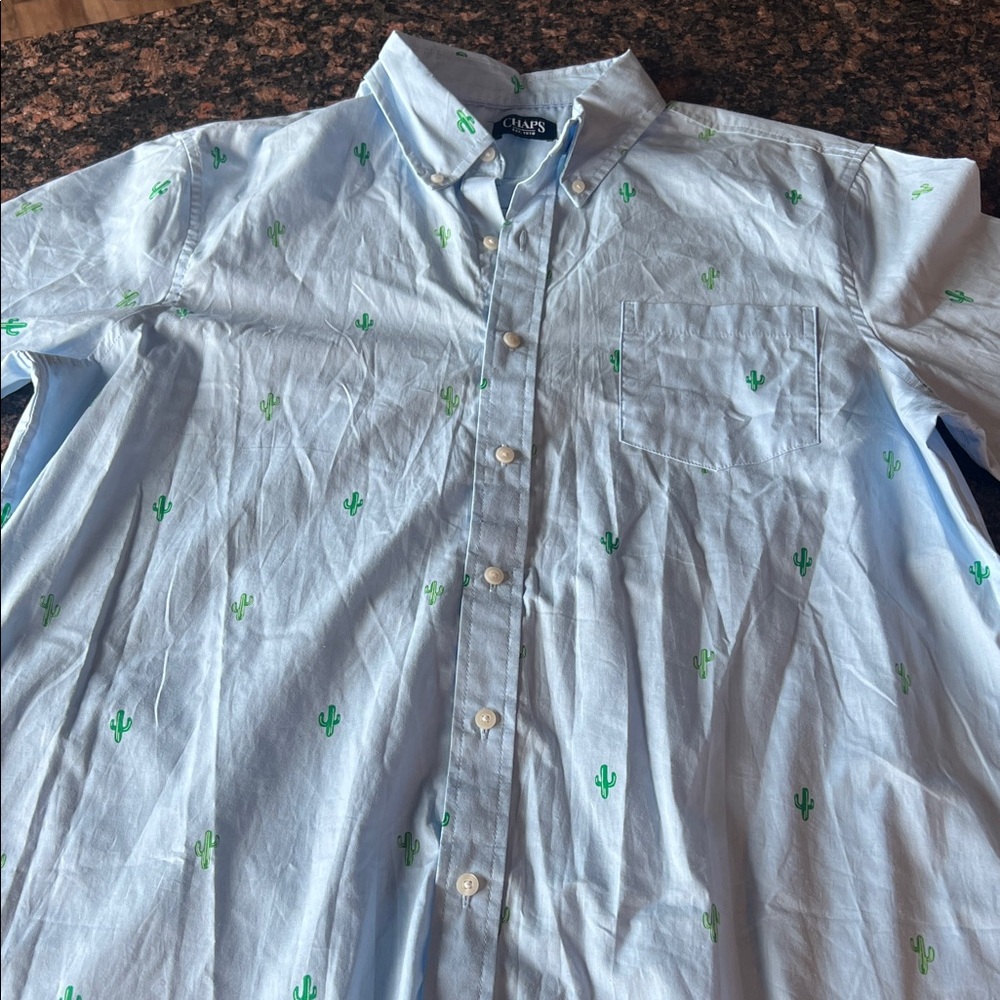 Chaps Men's Light Blue Button-Down Shirt with Green Cactus Motif XL